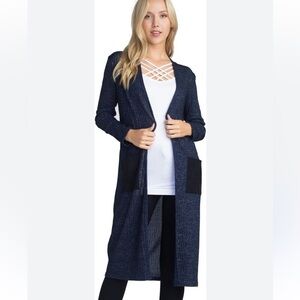 NWT Yelete Navy Blue/Black Metallic Open Front Long Lightweight Cardigan Small